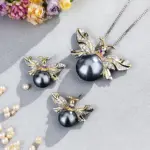 Conjunto de joyería Vintage elegante para mujer, collar de abeja pequeña de perlas grises, gargantilla de cristal brillante, pendientes de boda para fiesta, 3 uds. 1