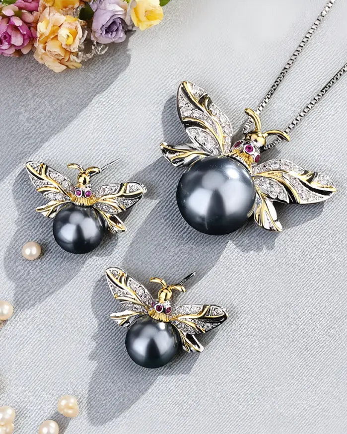 Conjunto de joyería Vintage elegante para mujer, collar de abeja pequeña de perlas grises, gargantilla de cristal brillante, pendientes de boda para fiesta, 3 uds. 1