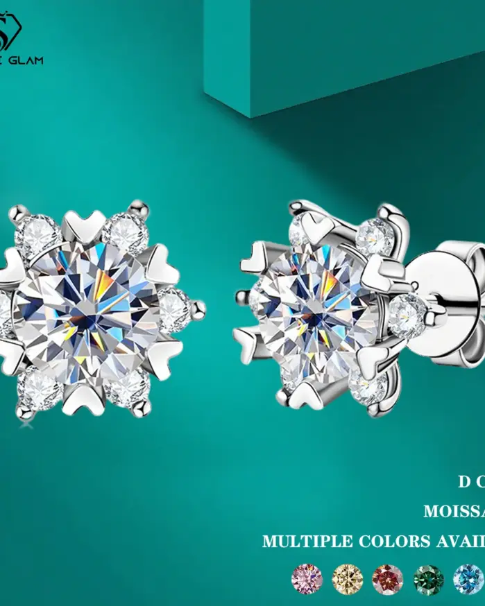 Pendientes de Moissanita TY Elegantes para Mujer, Plata de Ley 925, Diseño de Copo de Nieve, Varios Colores, Color D 1