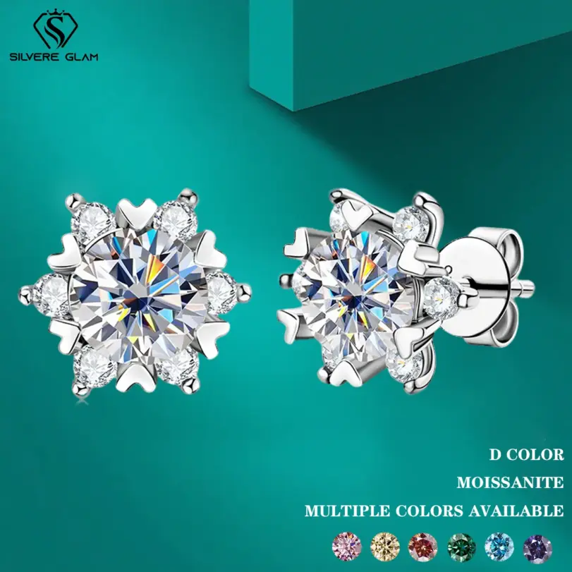 Pendientes de Moissanita TY Elegantes para Mujer, Plata de Ley 925, Diseño de Copo de Nieve, Varios Colores, Color D 1