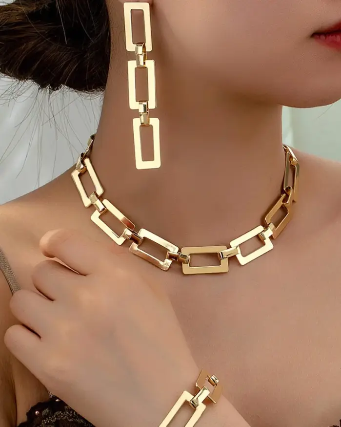 Juego de 3/4 piezas de pulseras y collares de cadena geométrica hueca de color dorado a la moda para mujer y niña, nuevo conjunto de moda que no se desvanece 1