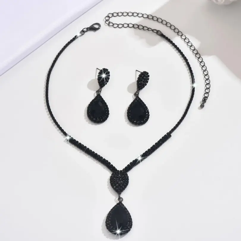 Conjunto de 3 uds de pendientes y collar con forma de lágrima negra de lujo discreto para mujer, accesorios de moda diarios para fiesta y Festival de Música 5