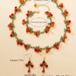 Conjunto de Joyería de Cuentas de Cristal con Diseño de Cereza Miniatura y Hoja Verde, que incluye Gargantilla y Pulsera Colgante, Estilo Dulce y Encantador, Serie Frutas Vintage 5