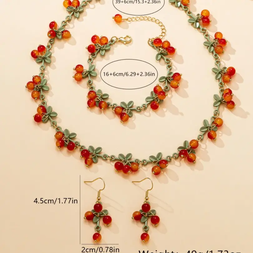 Conjunto de Joyería de Cuentas de Cristal con Diseño de Cereza Miniatura y Hoja Verde, que incluye Gargantilla y Pulsera Colgante, Estilo Dulce y Encantador, Serie Frutas Vintage 5