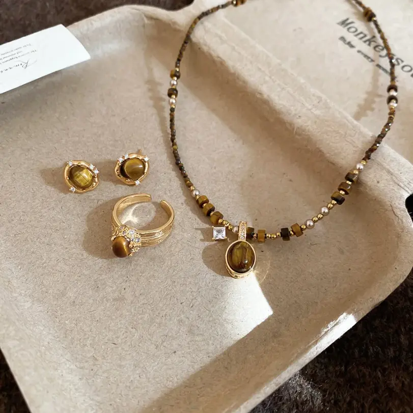 Juego de Joyería Vintage Elegante de 4 Piezas para Mujer, Collar con Circonitas Marrones, Gargantilla de Cristal Brillante, Aretes de Novia para Boda, Fiesta 5