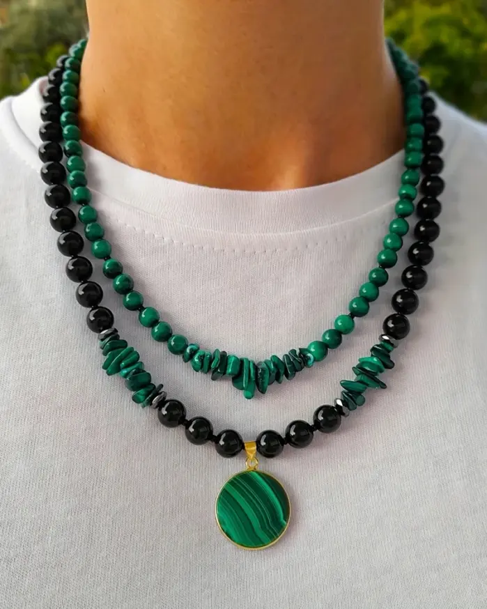Juego de collar de doble capa de malaquita y ágata negra de 2 piezas para mujer, joyería hecha a mano con piedra natural y cuentas de múltiples hebras 2