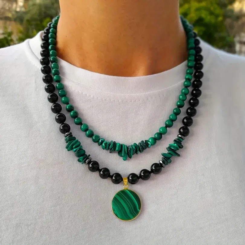 Juego de collar de doble capa de malaquita y ágata negra de 2 piezas para mujer, joyería hecha a mano con piedra natural y cuentas de múltiples hebras 2