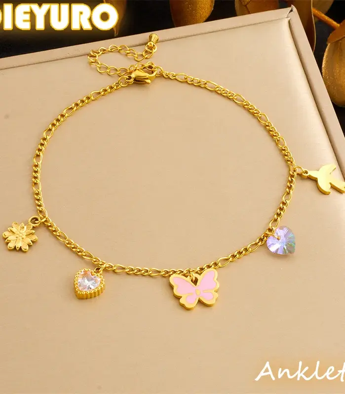 DIEYURO 316L Acero inoxidable Rosa mariposa circón corazón flor tobillera para mujer nueva moda cadena de pie joyería regalo de vacaciones 1