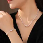 Juego de Joyería Vintage Elegante de 2 Piezas para Mujer, Collar de Perlas Redondas de Metal, Gargantilla Rosa Claro, Pulsera de Novia para Boda, Regalo para Fiesta 2