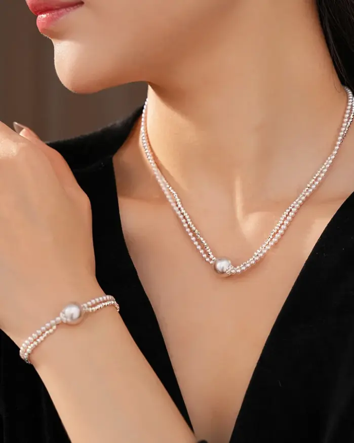 Juego de Joyería Vintage Elegante de 2 Piezas para Mujer, Collar de Perlas Redondas de Metal, Gargantilla Rosa Claro, Pulsera de Novia para Boda, Regalo para Fiesta 2