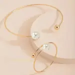 Juego de Joyería Vintage Elegante de 2 Piezas para Mujer, Collar Ovalado con Bola Redonda Blanca, Gargantilla Dorada, Pulsera de Boda, Regalo para Fiesta 4