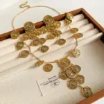 Juego de joyería vintage elegante de 3 piezas para mujer, collar largo con diseño circular, collarín de moda, pendientes para novia, boda, fiesta 3