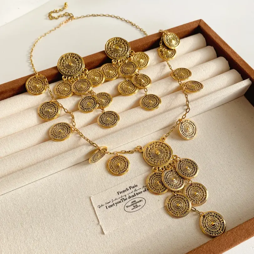 Juego de joyería vintage elegante de 3 piezas para mujer, collar largo con diseño circular, collarín de moda, pendientes para novia, boda, fiesta 3