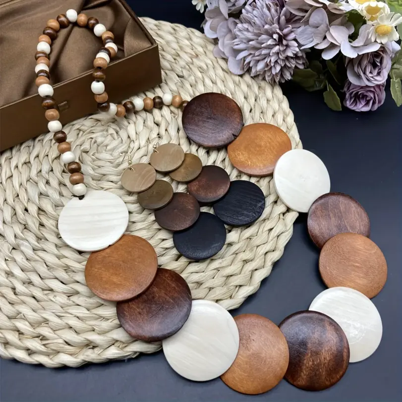 Juego de collar y pendientes hechos a mano con cuentas redondas de madera geométricas de colores bohemios, accesorios de fiesta para mujer, 4 Uds. 1