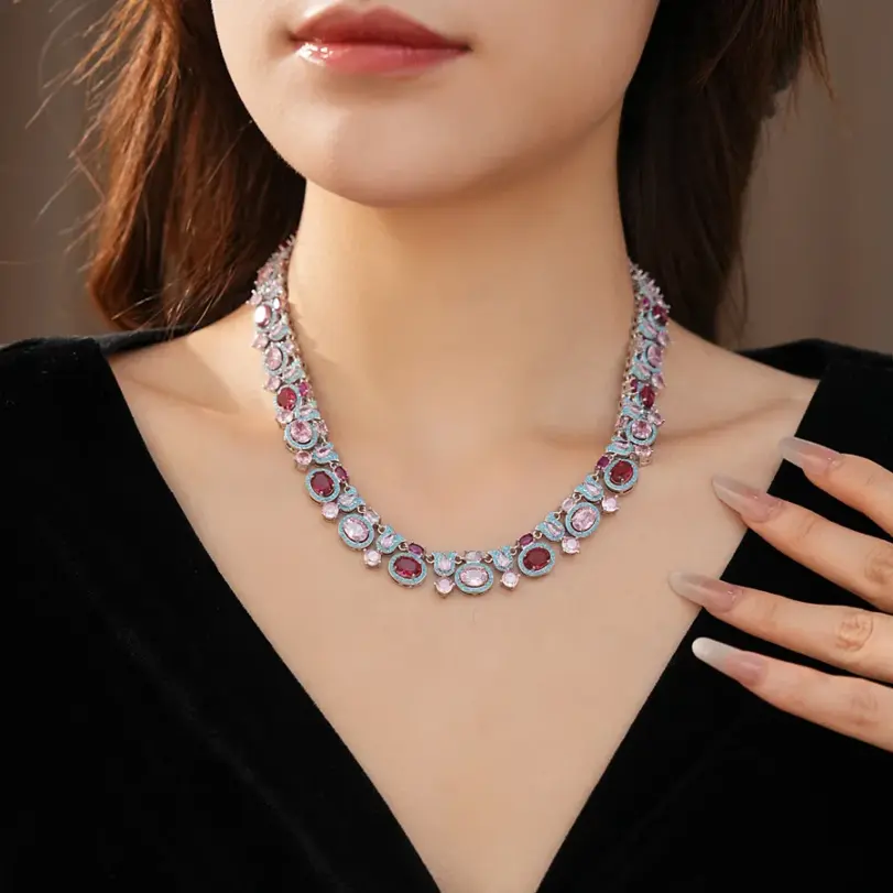 Juego de Joyería Vintage Elegante de 2 Piezas para Mujer, Collar Exquisito Vintage Color Rosa, Gargantilla, Pulsera de Novia para Boda, Regalo para Fiesta 3