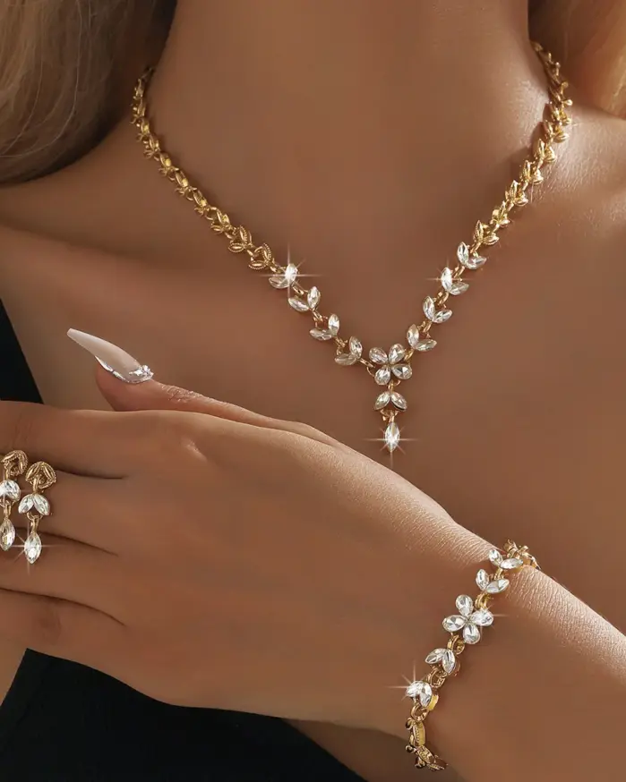 Conjunto de joyería roja brillante, collar de hojas de cristal, pendiente de lágrima elegante, pulsera de plata, accesorios de fiesta, regalo, 4 Uds. 1