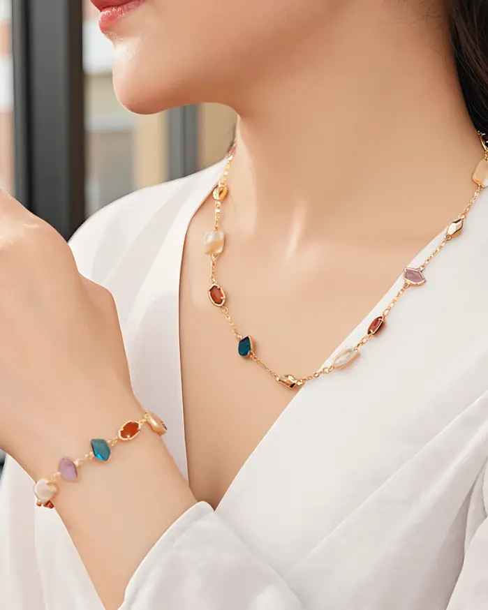 Conjunto de joyería Vintage elegante para mujer, collar estilo concha cuadrada, gargantilla colorida, pulsera de boda nupcial, regalo de fiesta, 2 uds. 1