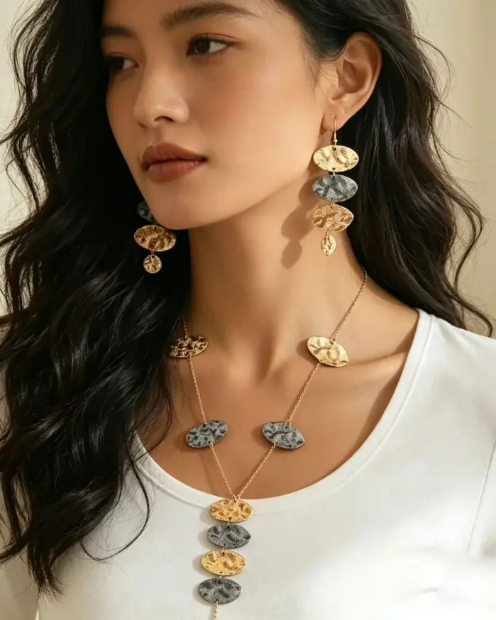 Conjunto de Joyería Vintage de Dos Tonos con Collar de Moneda Martillada y Pendientes Ajustables de Metal con Colgante en Y, Elegante Set de Accesorios para Mujer con Pendientes Colgantes 2