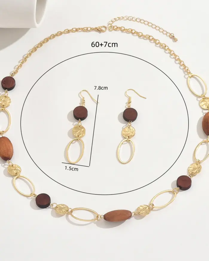 Conjunto de Collar Largo y Pendientes de Cuentas de Madera Natural Retro, Cadena de Eslabones Ovalados Huecos, Estilo Bohemio, Adorno de Cuello para Suéter de Moda para Mujer 2