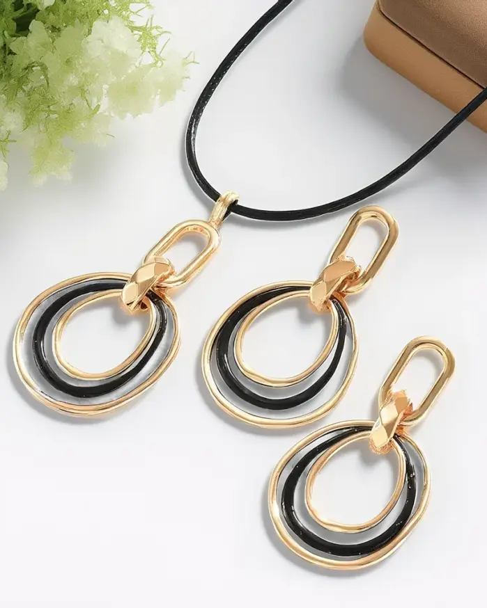Juego de Joyería Elegante y Moderno de 3 Piezas para Mujer, Collar Largo con Doble Aro, Gargantilla Clásica de Metal, Uso Diario Informal, Aretes Dorados, Regalo 1