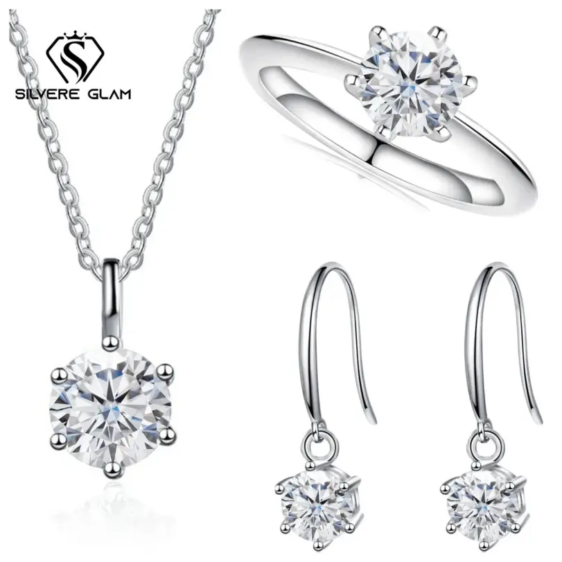 Anillo de Plata de Ley 925, pendiente, collar, conjunto de joyería, 3CT, Color D, Moissanit, atmósfera Simple, joyería para mujer para regalo de fiesta 1