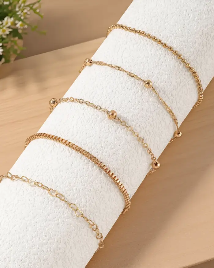 Conjunto de joyería Retro elegante para mujer, cadena de amor con cuentas redondas, uso diario dorado, pulsera de boda nupcial, regalo de fiesta, 5 uds. 1