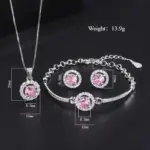 Conjunto de joyería Vintage elegante para mujer, collar redondo de circón rosa, gargantilla de cristal brillante, pulsera de boda para fiesta, 4 Uds. 6