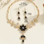 Juego de 3 Piezas de Joyería de Disfraces Dorada Glamurosa, Collar con Flor Negra Audaz, Joyería de Cristal Brillante para Boda, Regalo para Invitados de Gala o Baile de Graduación 6