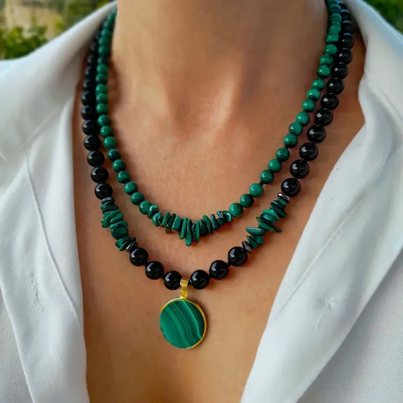 Juego de collar de doble capa de malaquita y ágata negra de 2 piezas para mujer, joyería hecha a mano con piedra natural y cuentas de múltiples hebras 3