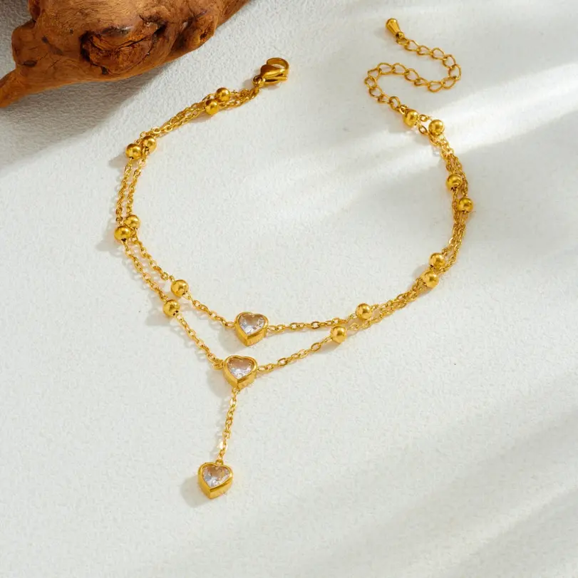 DIEYURO Tobilleras de Acero Inoxidable 316L con Colgante de Corazón Redondo Dorado e Incrustaciones de Circonio, Nuevas Cadenas para Pies para Mujer, Joyería Glamorosa Antioxidante 3