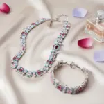 Juego de Joyería Vintage Elegante de 2 Piezas para Mujer, Collar Exquisito Vintage Color Rosa, Gargantilla, Pulsera de Novia para Boda, Regalo para Fiesta 1