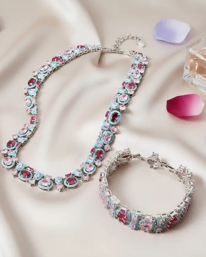 Juego de Joyería Vintage Elegante de 2 Piezas para Mujer, Collar Exquisito Vintage Color Rosa, Gargantilla, Pulsera de Novia para Boda, Regalo para Fiesta 1