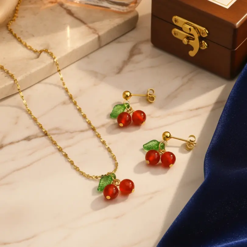 Elegante conjunto de joyería dorada de 3 piezas: collar elegante y pendientes a juego con cereza roja y colgantes geométricos, ideal para uso diario 1
