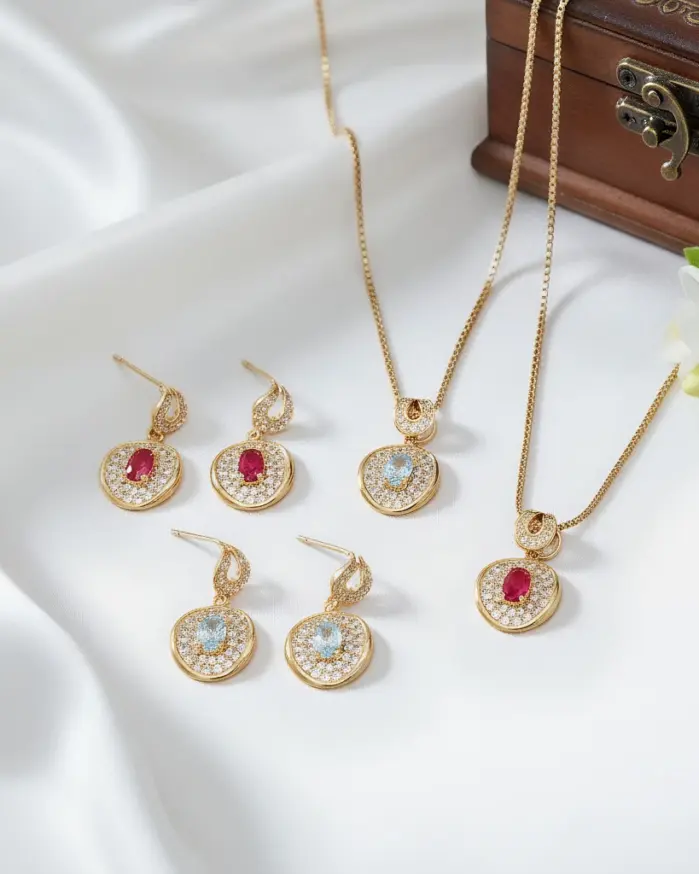 Juego de Joyería Vintage Elegante de 3 Piezas para Mujer, Collar con Cristales Rojos Brillantes, Gargantilla de Cristal, Aretes para Novia, Boda, Fiesta 1