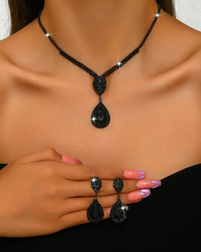 Conjunto de 3 uds de pendientes y collar con forma de lágrima negra de lujo discreto para mujer, accesorios de moda diarios para fiesta y Festival de Música 2