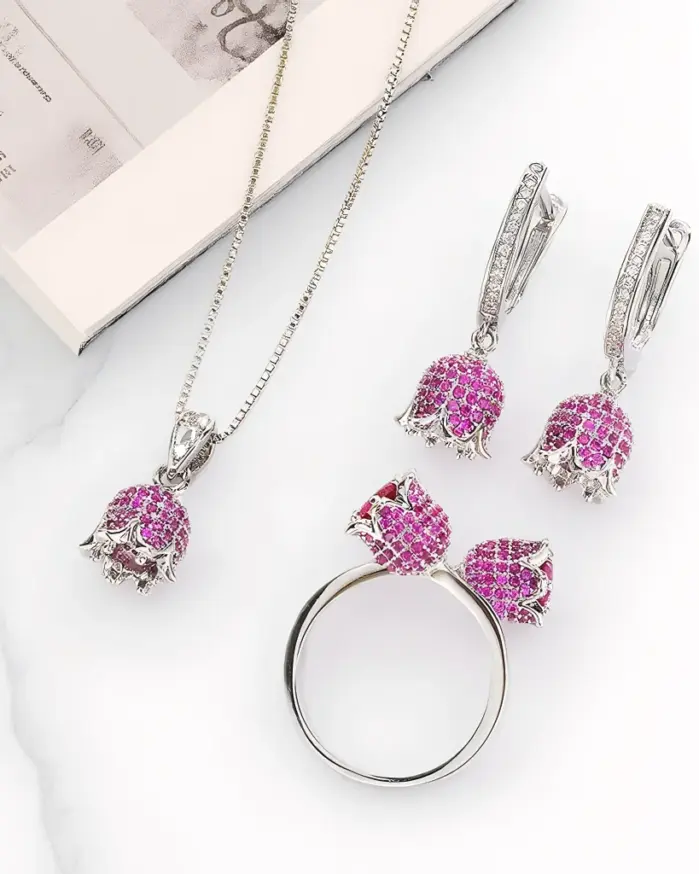 Conjunto de joyería Vintage elegante para mujer, collar de rosa de rubí rojo, gargantilla de cristal brillante, pendientes de boda para fiesta, 3 uds. 1