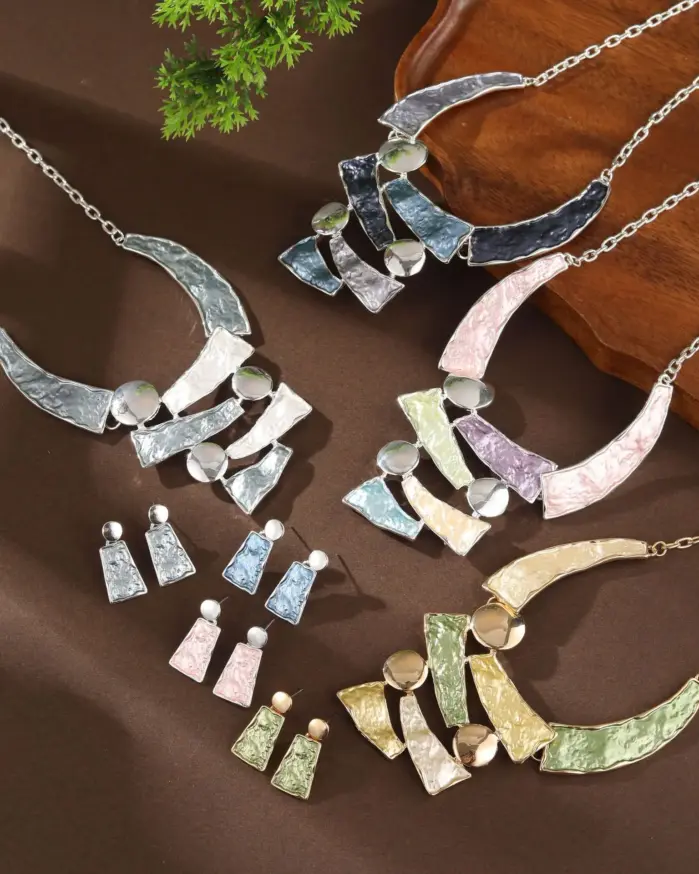 3 uds aleación de Zinc esmalte geométrico 1 par pendientes 1 collar conjunto de joyería de moda para mujer chica regalo de cumpleaños de fiesta diaria de moda 2