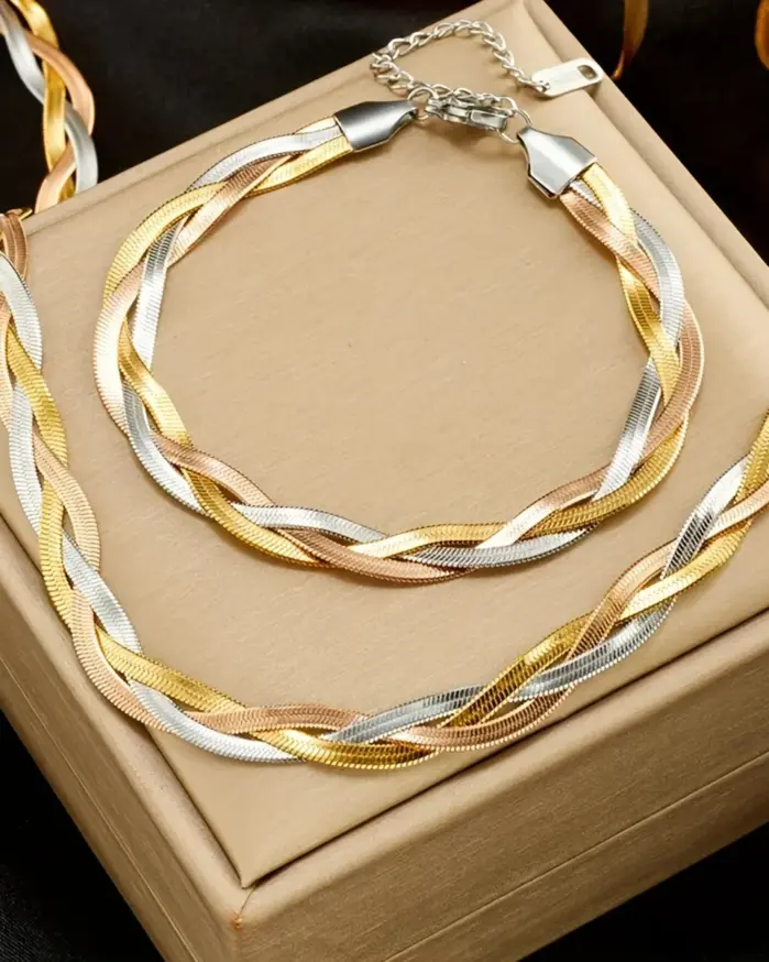Nuevo Set de Joyería 2026: Collar Plano y Pulsera de Acero Inoxidable con Cadena de Espiga de Tres Colores, Diseño de Serpiente, Regalo de Joyería de Moda Personalizado 1