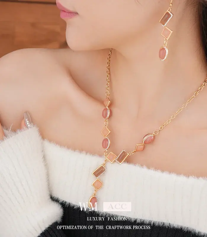 Juego de Joyería Vintage Elegante de 3 Piezas para Mujer, Collar con Borla Cuadrada y Ovalada, Gargantilla de Cristal Brillante, Pendientes de Novia para Boda y Fiesta 2