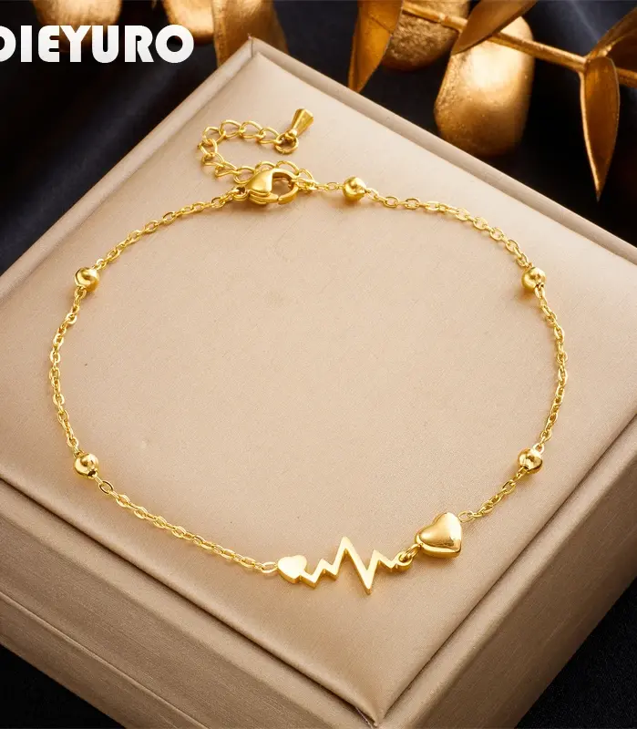 Tobilleras DIEYURO 316L de acero inoxidable con forma de corazón para electrocardiograma para mujer y niña, nueva tendencia, cadena para pierna, joyería que no se decolora, regalo para fiesta 1