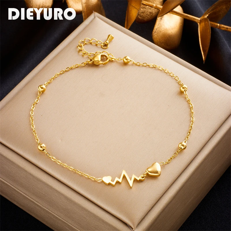 Tobilleras DIEYURO 316L de acero inoxidable con forma de corazón para electrocardiograma para mujer y niña, nueva tendencia, cadena para pierna, joyería que no se decolora, regalo para fiesta 1 Tobilleras DIEYURO 316L de acero inoxidable con forma de corazón para electrocardiograma para mujer y niña, nueva tendencia, cadena para pierna, joyería que no se decolora, regalo para fiesta 1