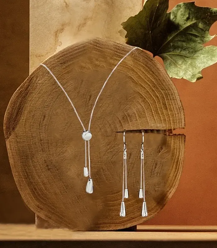 Juego de Joyería Elegante y Moderno de 3 Piezas para Mujer, Collar Largo Extensible, Gargantilla con Gotas Plateadas, Aretes para Uso Diario Informal, Regalo 1