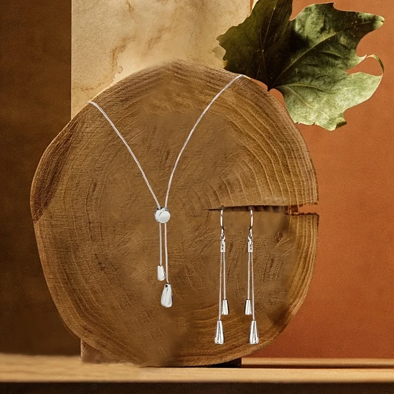 Juego de Joyería Elegante y Moderno de 3 Piezas para Mujer, Collar Largo Extensible, Gargantilla con Gotas Plateadas, Aretes para Uso Diario Informal, Regalo 1 Juego de Joyería Elegante y Moderno de 3 Piezas para Mujer, Collar Largo Extensible, Gargantilla con Gotas Plateadas, Aretes para Uso Diario Informal, Regalo 1