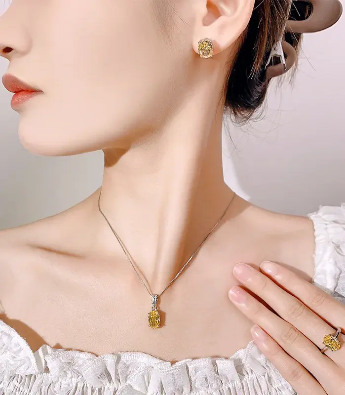 Juego de Joyería Vintage Elegante de 3 Piezas para Mujer, Collar con Forma de Huevo Amarillo, Gargantilla de Cristal Brillante, Aretes de Novia para Boda, Fiesta 2