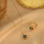 Juego de Joyería Elegante y Moderno de 2 Piezas para Mujer, Collar con Flor de Cuatro Hojas Verde, Gargantilla de Metal Clásica, Anillos para Uso Diario Informal, Regalo 4