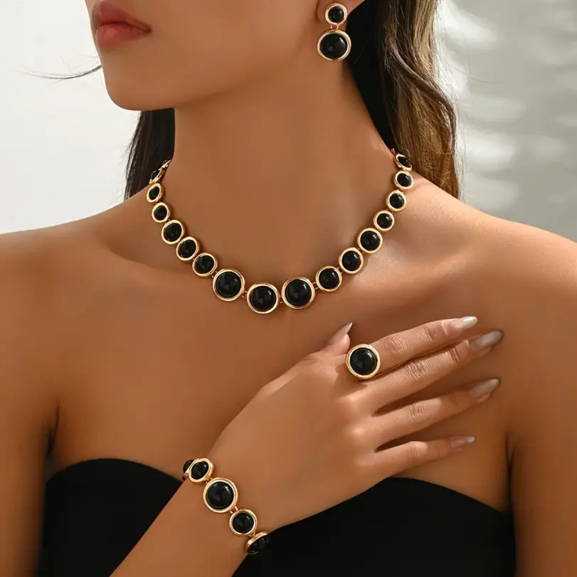 Conjunto de joyería geométrica elegante para mujer, collar Retro, anillo dorado, pulsera de moda, pendiente Circular con incrustaciones, regalo de fiesta, 5 uds. 5