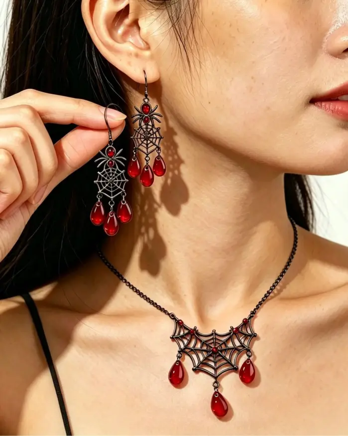 Conjunto de Joyería Gótica con Diseño de Telaraña para Mujer, Collar Gargantilla Color Gris Oscuro para Halloween, Pendientes de Cristal en Forma de Lágrima Rojo Sangre, Accesorios para Fiesta 1