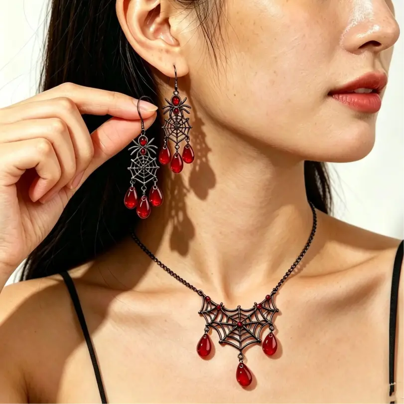 Conjunto de Joyería Gótica con Diseño de Telaraña para Mujer, Collar Gargantilla Color Gris Oscuro para Halloween, Pendientes de Cristal en Forma de Lágrima Rojo Sangre, Accesorios para Fiesta 1 Conjunto de Joyería Gótica con Diseño de Telaraña para Mujer, Collar Gargantilla Color Gris Oscuro para Halloween, Pendientes de Cristal en Forma de Lágrima Rojo Sangre, Accesorios para Fiesta 1