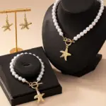 Conjunto de Collar de Perlas con Estrella de Mar Dorada, Cierre de Palanca, Gargantilla de Perlas, Pendientes y Pulsera, Juego de 3 Piezas para Mujer, Joyería Estética Estilo Sirena 3