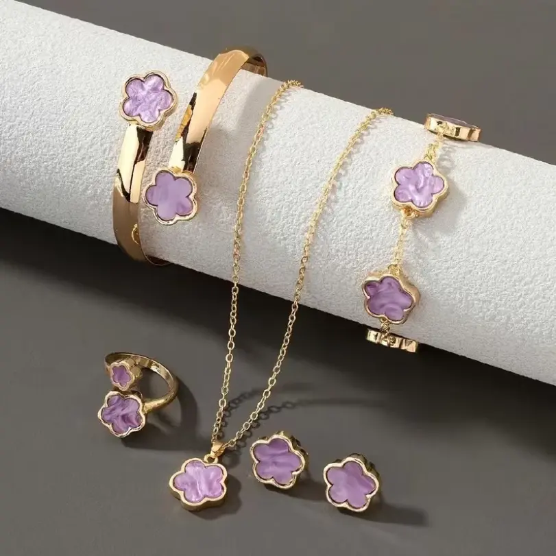 Conjunto de joyería Vintage elegante para mujer, collar de flores de la suerte, gargantilla de cristal rojo brillante, pendientes de boda para fiesta, 6 uds. 4